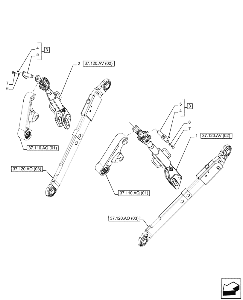 Схема запчастей Case IH PUMA 150 CVT - (37.120.AV[03]) - VAR - 758074, 758079 - 3 POINT HITCH, LIFT ARM (37) - HITCHES, DRAWBARS & IMPLEMENT COUPLINGS