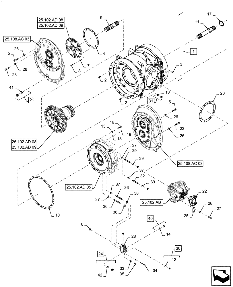 Схема запчастей Case IH QUADTRAC 620 - (25.102.AD[04]) - FRONT AXLE CARRIER. 550, 580, 600, 620, AFTER AXLE SN AJB0298207 (25) - FRONT AXLE SYSTEM