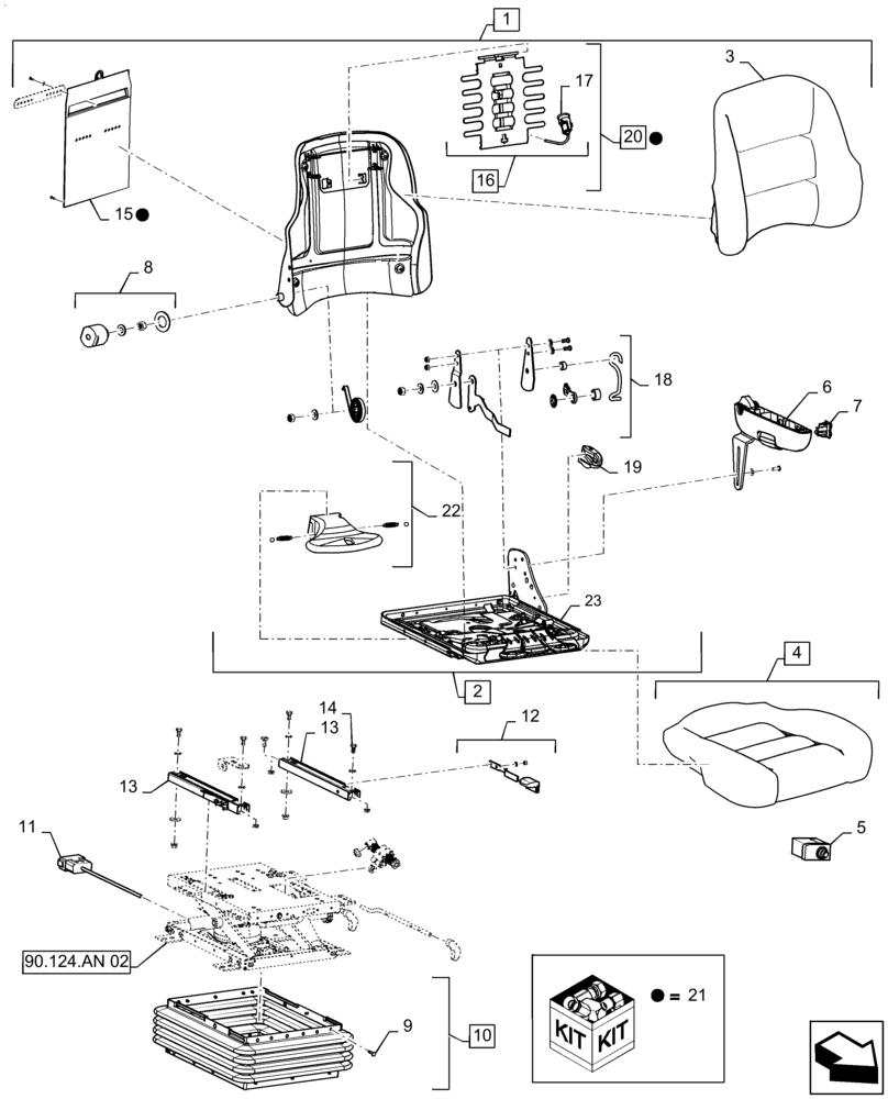 Схема запчастей Case IH PATRIOT 4440 - (90.124.AD[04]) - DELUXE SEAT TOP ASSEMBLY, CLOTH, NO HEAT, SN YET0040001 AND AFTER (90) - PLATFORM, CAB, BODYWORK AND DECALS