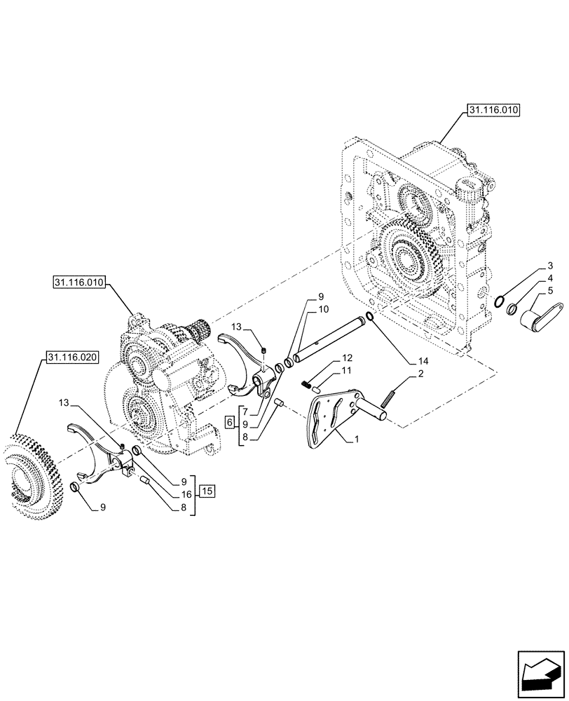 Схема запчастей Case IH FARMALL 110U - (31.104.060) - VAR - 330801, 331819 - REAR PTO, ROD & FORKS, 3-SPEED, EU (31) - IMPLEMENT POWER TAKE OFF