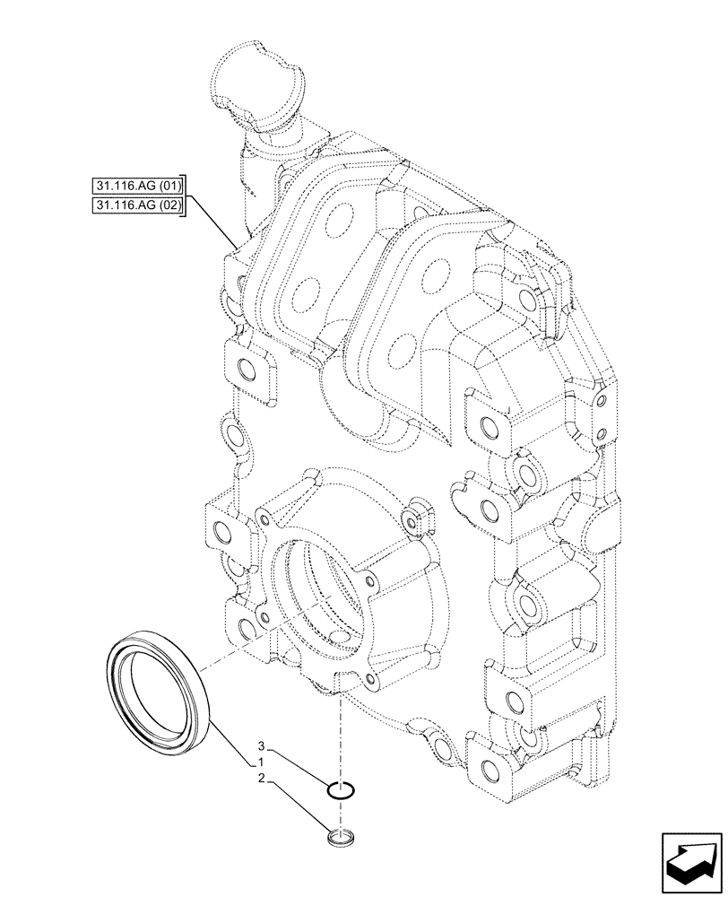 Схема запчастей Case IH PUMA 150 CVT - (31.116.AG[07]) - VAR - 758025 - POWER TAKE-OFF (PTO) CASE, WATERPROOF, RUBBER SEAL (31) - IMPLEMENT POWER TAKE OFF