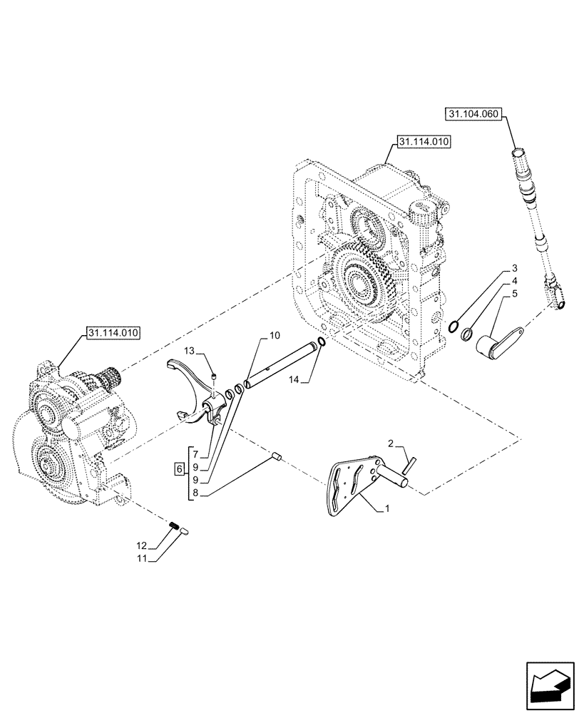 Схема запчастей Case IH FARMALL 110U - (31.104.010) - VAR - 391727 - REAR PTO, ROD & FORKS, 2-SPEED, EU (31) - IMPLEMENT POWER TAKE OFF