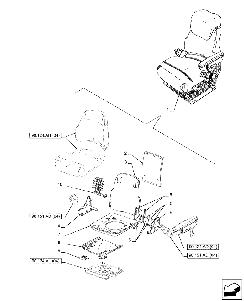 Схема запчастей Case IH PUMA 200 - (90.124.AM[04]) - VAR - 758260, 758261, 758262, 758263 - DRIVER SEAT, FRAME (90) - PLATFORM, CAB, BODYWORK AND DECALS