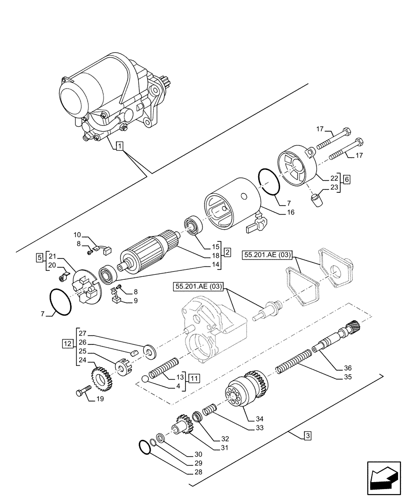 Схема запчастей Case IH F3CE9684A H001 - (55.201.AE[02]) - STARTER MOTOR, COMPONENTS (55) - ELECTRICAL SYSTEMS