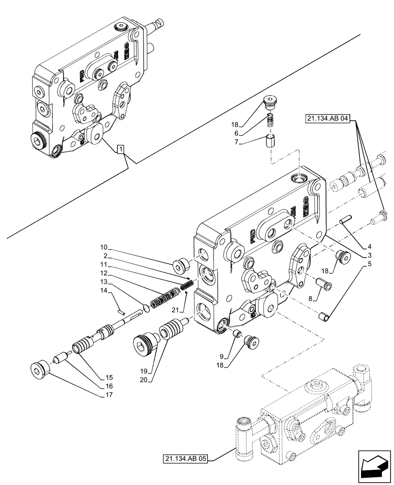 Схема запчастей Case IH FARMALL 130A - (21.134.AB[03]) - VAR - 330059, 330061 - TRANSMISSION CONTROL VALVE, POWERSHUTTLE, COMPONENTS (21) - TRANSMISSION