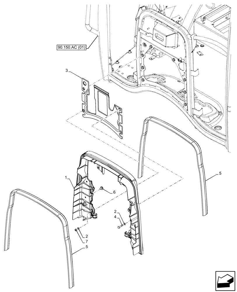 Схема запчастей Case IH FARMALL 115C - (90.105.CQ[01A]) - VAR - 334180, 334183, 334211, 391606, 743496, 743573, 744588 - BULKHEAD, CAB - BEGIN YR 06-FEB-2014 (90) - PLATFORM, CAB, BODYWORK AND DECALS