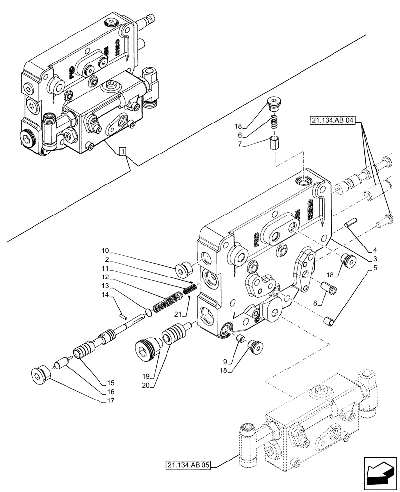 Схема запчастей Case IH FARMALL 125A - (21.134.AB[03]) - TRANSMISSION CONTROL VALVE, POWERSHUTTLE, COMPONENTS (21) - TRANSMISSION