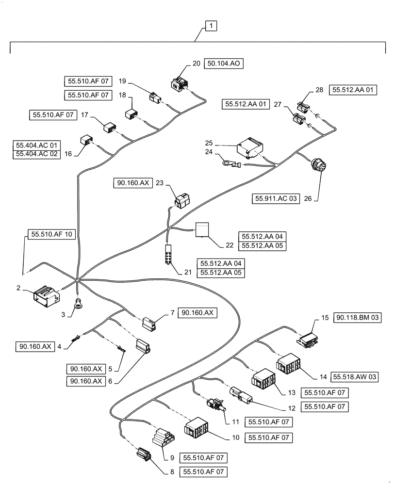 Схема запчастей Case IH QUADTRAC 540 - (55.510.AF[11]) - CAB MAIN WIRE HARNESS, ASN ZFF308001 (55) - ELECTRICAL SYSTEMS