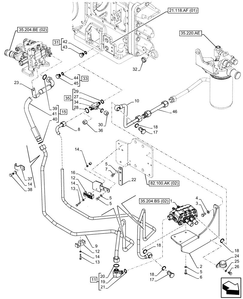 Схема запчастей Case IH FARMALL 115C - (35.204.BS[01A]) - VAR - 336125, 338125, 336780 - MID MOUNT VALVE, BRACKET, PIPE - BEGIN YR 27-FEB-2014 (35) - HYDRAULIC SYSTEMS