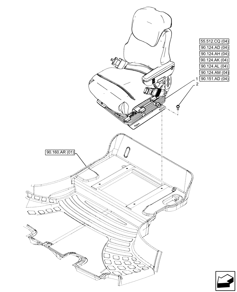 Схема запчастей Case IH PUMA 165 CVT - (90.124.AE[04]) - VAR - 758260, 758261, 758262, 758263 - DRIVER SEAT, W/ AIR SUSPENSION (90) - PLATFORM, CAB, BODYWORK AND DECALS