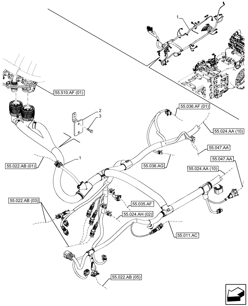 Схема запчастей Case IH PUMA 150 - (55.024.AA[09]) - VAR - 391160 - TRANSMISSION, HARNESS, PWS, W 110 L/MIN CHARGE PUMP (55) - ELECTRICAL SYSTEMS