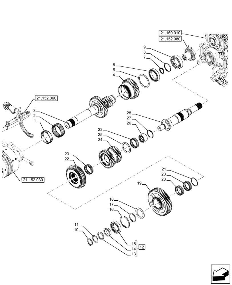 Схема запчастей Case IH FARMALL 120U - (21.152.090) - VAR - 334117, 334780 - TRANSMISSION, SEMI-POWERSHIFT, EXTERNAL CONTROL, ROD & FORKS (21) - TRANSMISSION