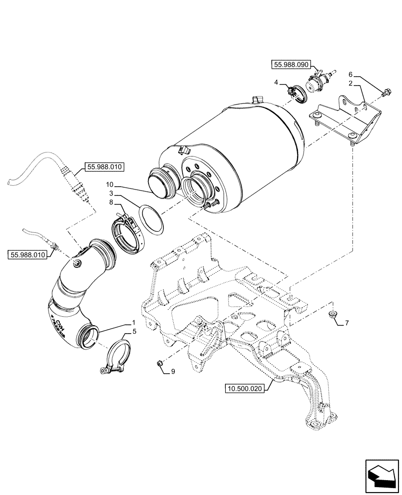 Схема запчастей Case IH FARMALL 110U - (10.500.010) - VAR - 334773, 391263 - EXHAUST SYSTEM, CATALYST (10) - ENGINE