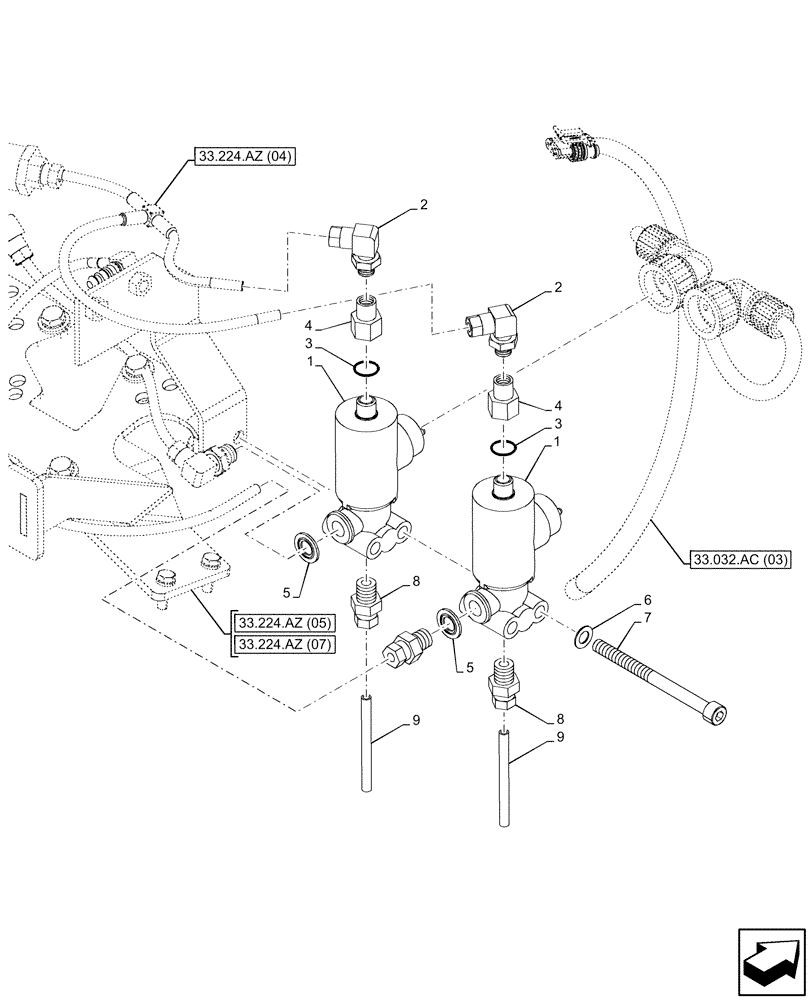 Схема запчастей Case IH PUMA 240 CVT - (55.032.AD[02]) - VAR - 337481, 337482, 337484, 337487, 337488, 337491, 758038, 758039, 758041, 758042, 758043, 758044 - PNEUMATIC TRAILER BRAKE, SOLENOID (55) - ELECTRICAL SYSTEMS