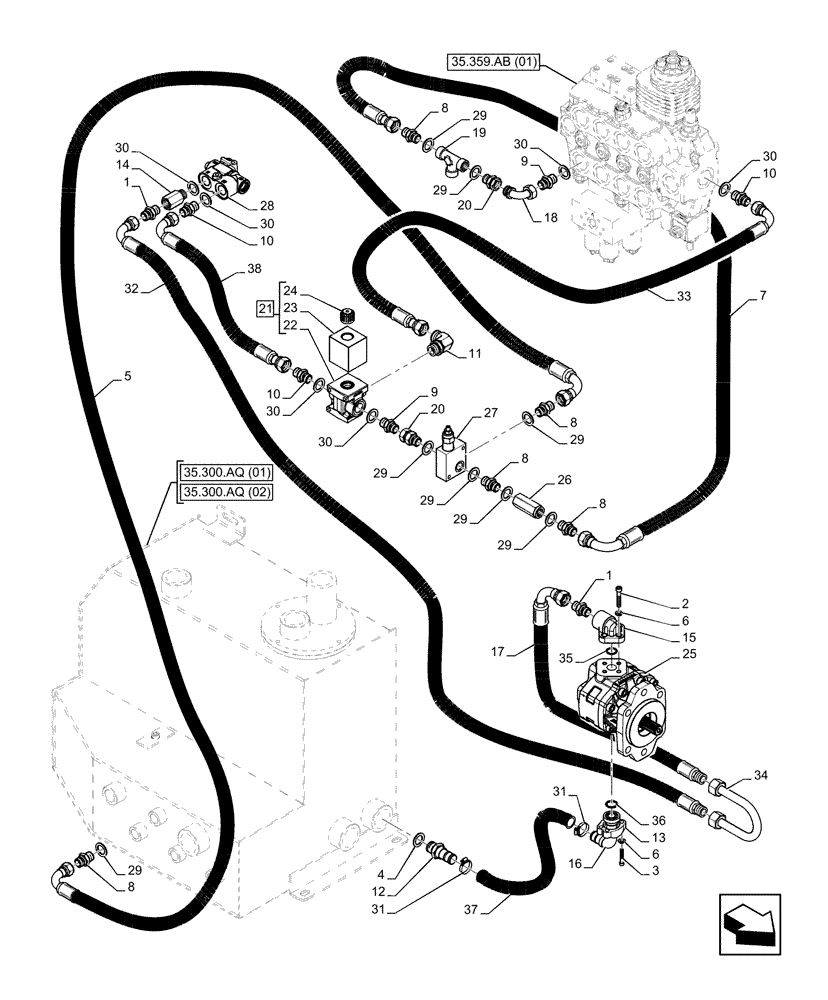 Схема запчастей Case IH FARMLIFT 525 - (35.220.AD[03]) - HYDRAULIC PUMP, LINES - BEGIN S/N 19043D (35) - HYDRAULIC SYSTEMS