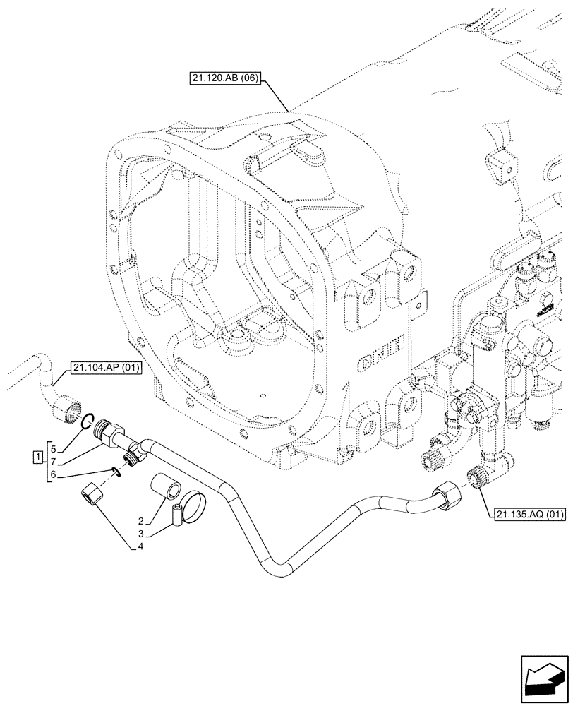 Схема запчастей Case IH FARMALL 110C - (21.104.AS[02]) - TRANSMISSION, POWERSHUTTLE, RETURN PIPE, HI-LO (21) - TRANSMISSION