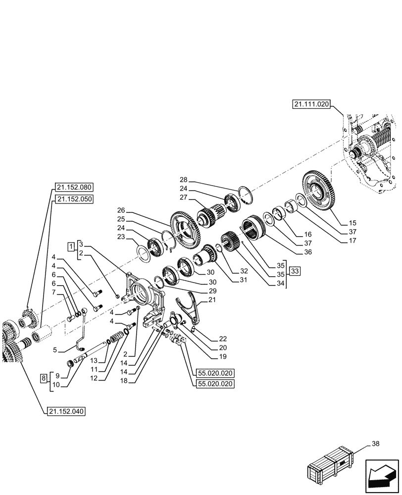 Схема запчастей Case IH FARMALL 110U - (21.160.010) - VAR - 334114, 334117, 334779, 334780 - CREEPER, GEARS & SHAFT (21) - TRANSMISSION