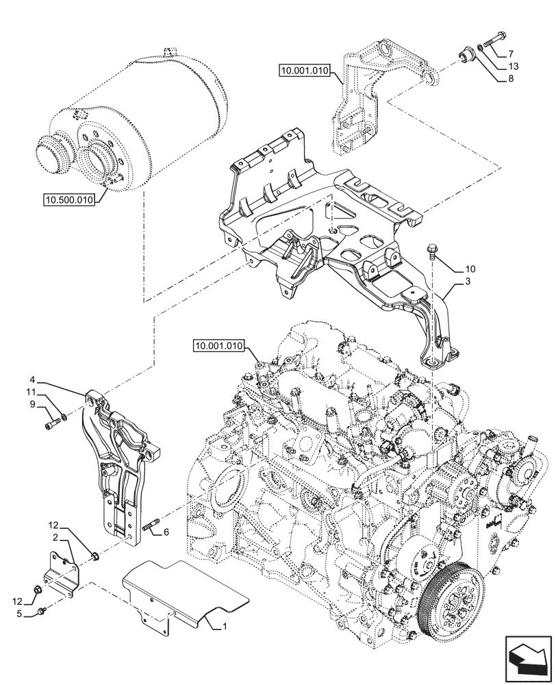 Схема запчастей Case IH FARMALL 120U - (10.500.020) - VAR - 334773, 391263 - EXHAUST SYSTEM, CATALYST, SUPPORT (10) - ENGINE