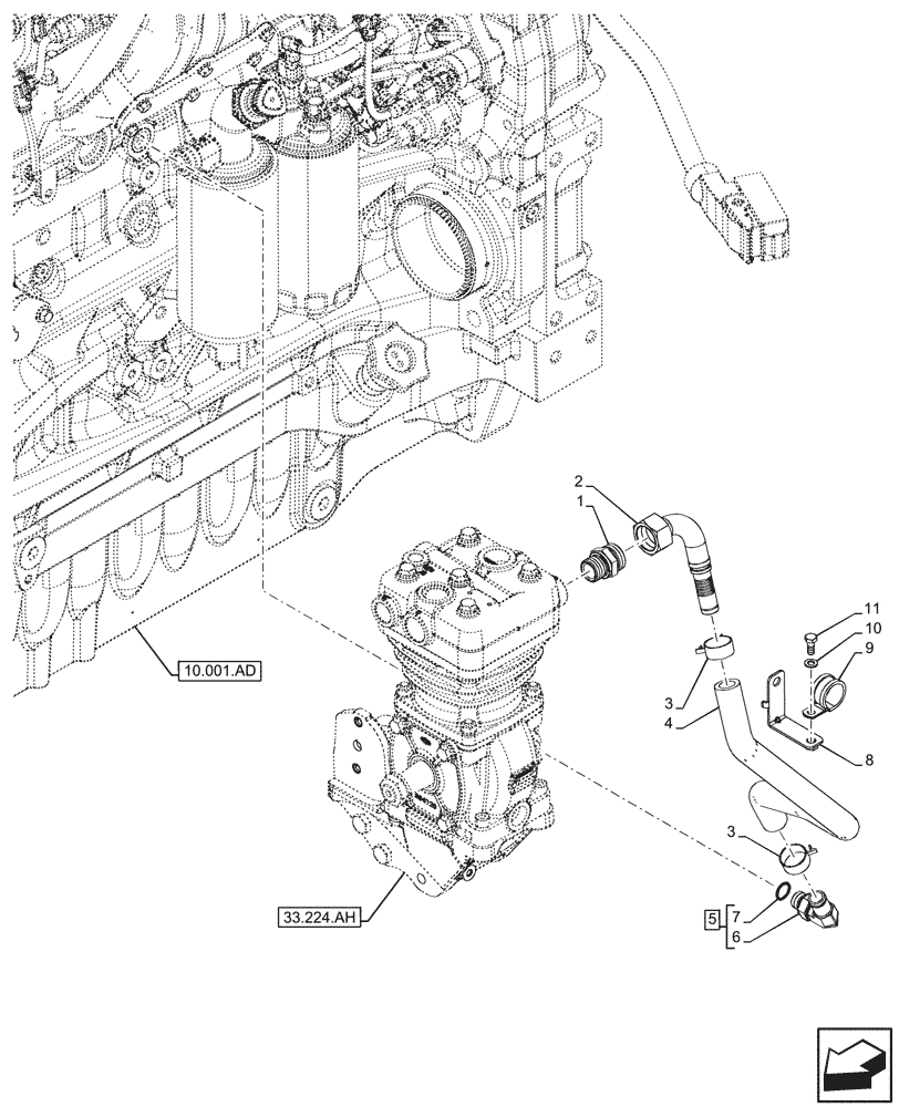 Схема запчастей Case IH PUMA 185 CVT - (33.224.AJ[05]) - VAR - 337481, 337482, 337484, 337487, 337488, 337491 - TRAILER, BRAKE, COMPRESSOR, DRAIN LINE (33) - BRAKES & CONTROLS