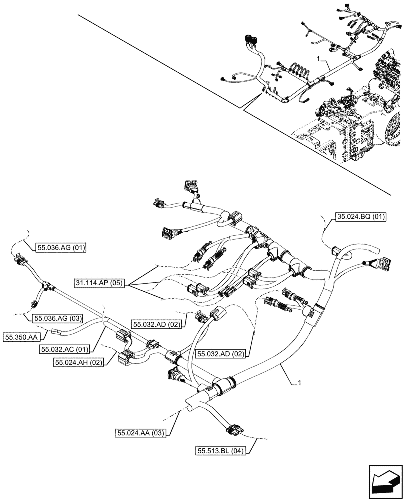 Схема запчастей Case IH PUMA 220 - (55.024.AA[04]) - VAR - 391161, 758056 - TRANSMISSION, HARNESS, CVT, W EHRS AND ISOBUS (55) - ELECTRICAL SYSTEMS