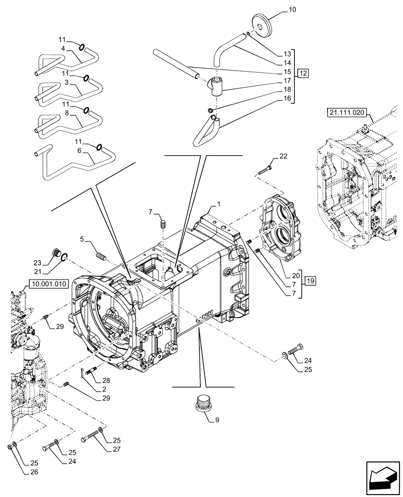 Схема запчастей Case IH FARMALL 120U - (21.111.010) - VAR - 334114, 334117, 334775, 334779, 334780, 390430 - TRANSMISSION, SEMI-POWERSHIFT, HOUSING, FRONT (21) - TRANSMISSION