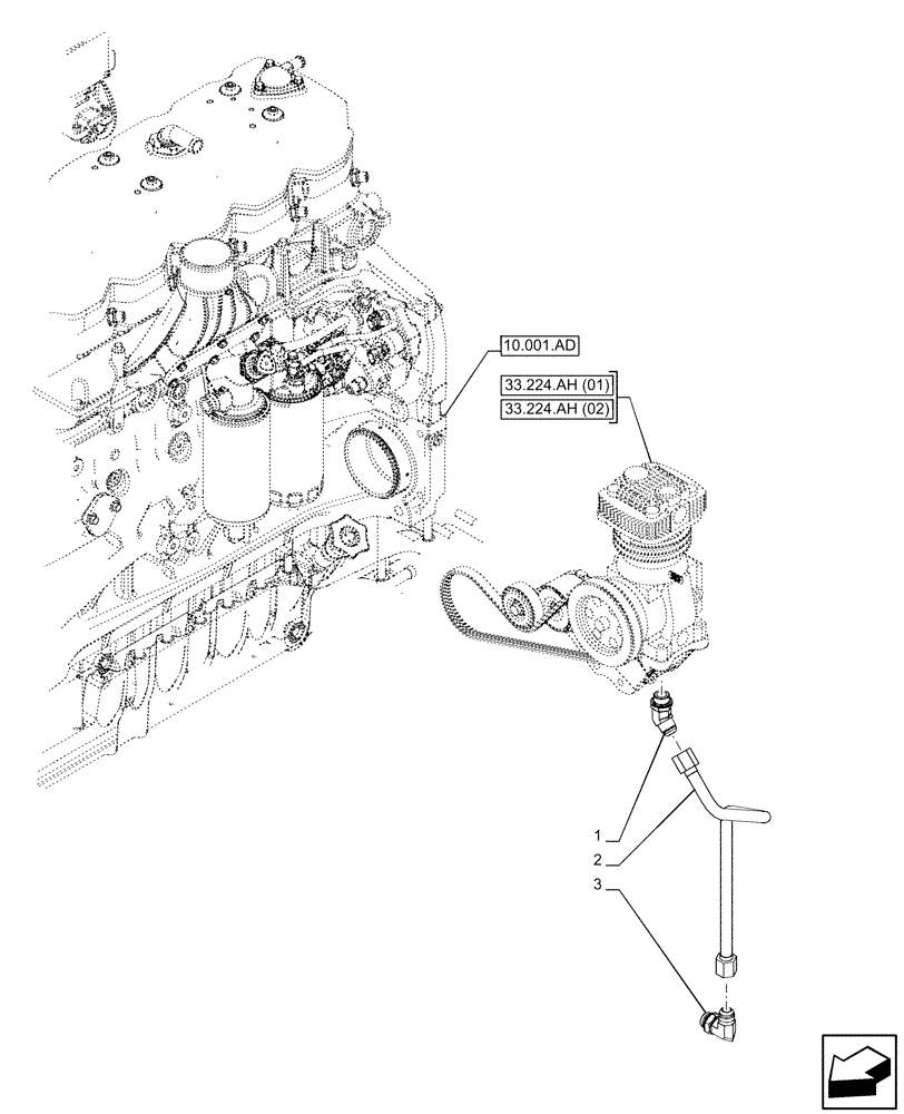 Схема запчастей Case IH PUMA 200 CVT - (33.224.AJ[03]) - VAR - 337481, 337482, 337484, 337487, 337488, 337491, 758038, 758039, 758041, 758042, 758043, 758044 - TRAILER, BRAKE, COMPRESSOR, DRAIN LINE (33) - BRAKES & CONTROLS