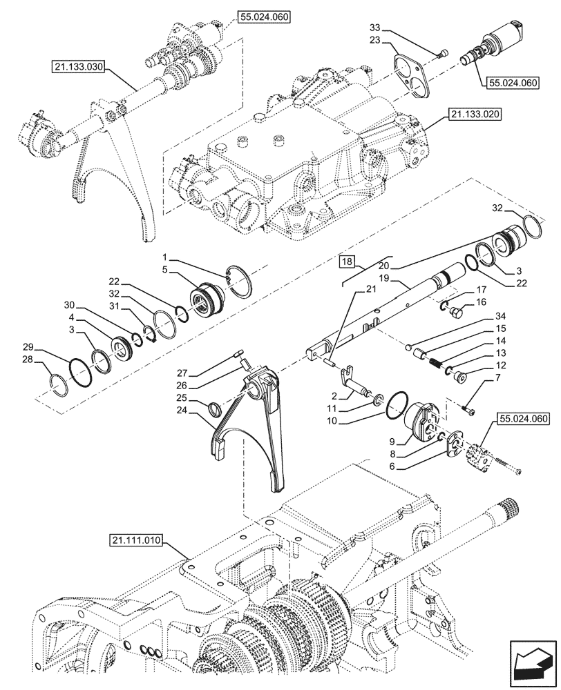 Схема запчастей Case IH FARMALL 120U - (21.133.040) - VAR - 334114, 334117, 334775, 334779, 334780, 390430 - TRANSMISSION, SEMI-POWERSHIFT, EXTERNAL CONTROL, ROD & FORKS (21) - TRANSMISSION