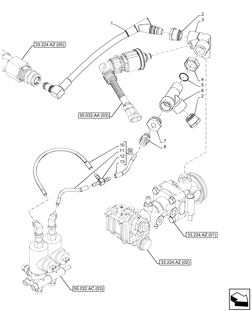 Схема запчастей Case IH PUMA 200 CVT - (33.224.AZ[03]) - VAR - 337481, 337482, 337488, 337491, 758038, 758039, 758043, 758044 - PNEUMATIC TRAILER BRAKE, PIPE (33) - BRAKES & CONTROLS