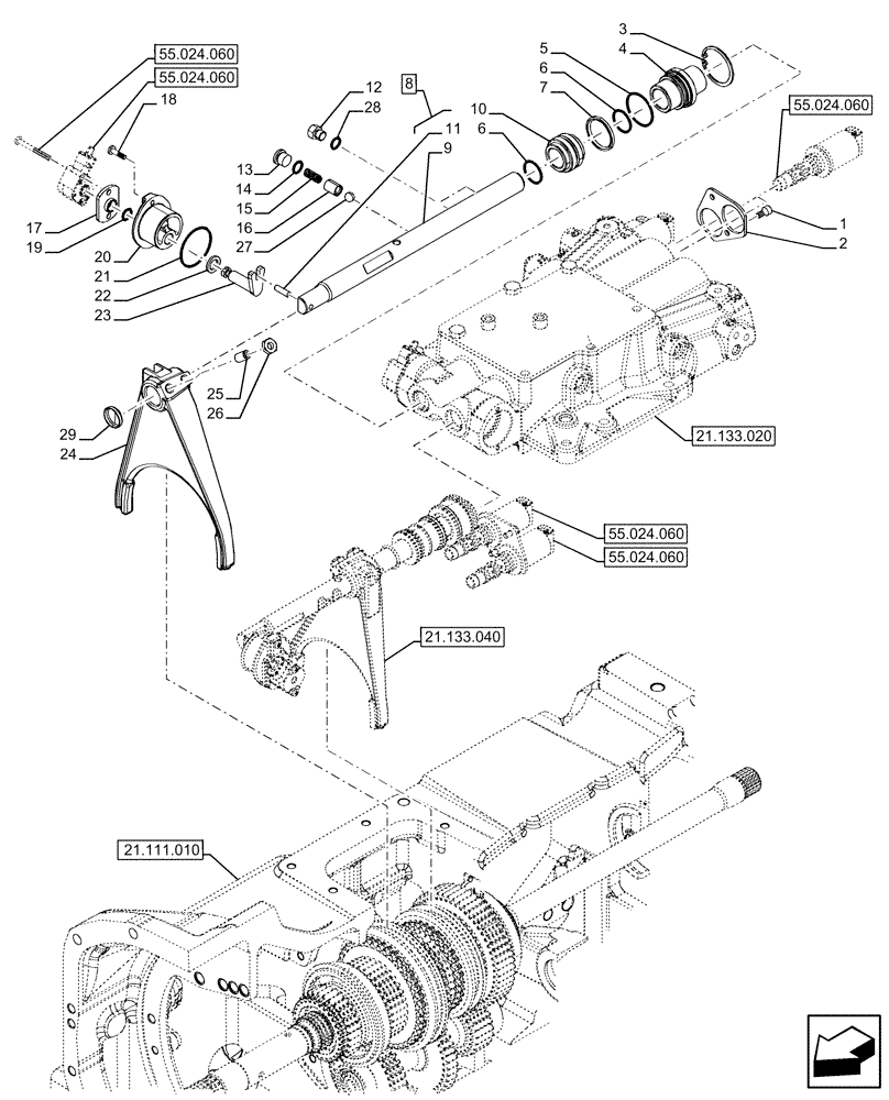 Схема запчастей Case IH FARMALL 110U - (21.133.030) - VAR - 334114, 334117, 334775, 334779, 334780, 390430 - TRANSMISSION, SEMI-POWERSHIFT, EXTERNAL CONTROL, ROD & FORKS (21) - TRANSMISSION