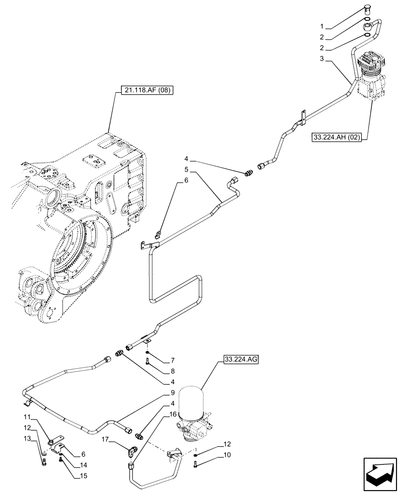 Схема запчастей Case IH PUMA 185 CVT - (33.224.AJ[06]) - VAR - 758038, 758039, 758041, 758042, 758043, 758044 - TRAILER, BRAKE, COMPRESSOR, DRAIN LINE (33) - BRAKES & CONTROLS