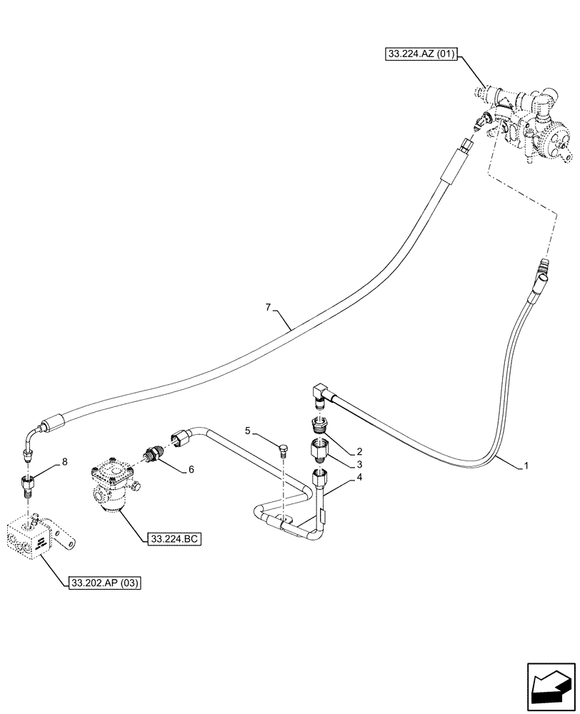 Схема запчастей Case IH PUMA 200 CVT - (33.224.AQ[03]) - VAR - 758038, 758039, 758041, 758042, 758043, 758044 - TRAILER BRAKE VALVE, PIPE (33) - BRAKES & CONTROLS