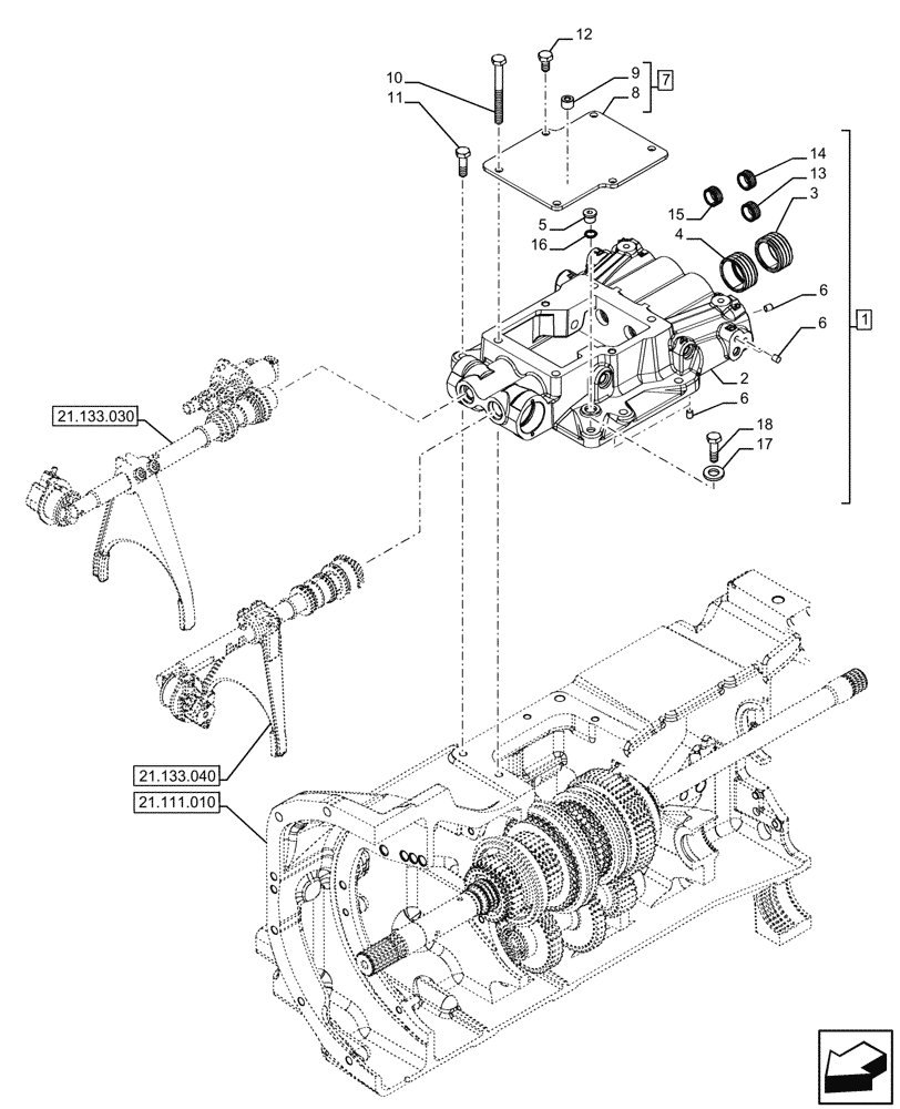 Схема запчастей Case IH FARMALL 120U - (21.133.020) - VAR - 334114, 334117, 334775, 334779, 334780, 390430 - TRANSMISSION, SEMI-POWERSHIFT, EXTERNAL CONTROL, COVER (21) - TRANSMISSION