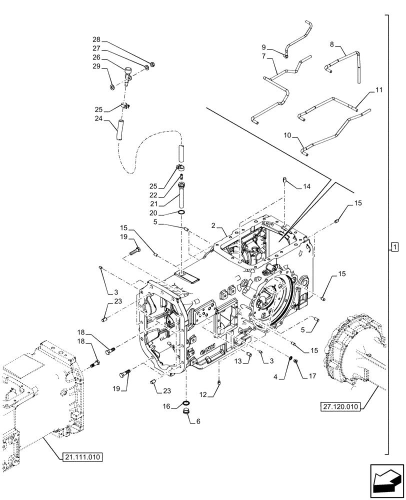 Схема запчастей Case IH FARMALL 120U - (21.111.020) - VAR - 334114, 334117, 334775, 334779, 334780, 390430 - TRANSMISSION, SEMI-POWERSHIFT, HOUSING, REAR (21) - TRANSMISSION