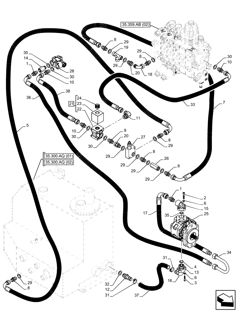 Схема запчастей Case IH FARMLIFT 525 - (35.220.AD[04]) - HYDRAULIC PUMP, LINES - BEGIN S/N 19043D (35) - HYDRAULIC SYSTEMS