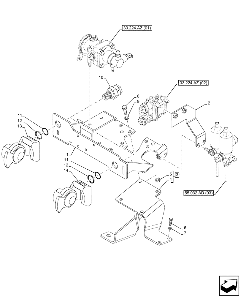 Схема запчастей Case IH PUMA 185 - (33.224.AZ[14]) - VAR - 758038, 758039 - PNEUMATIC TRAILER BRAKE, BRACKET, UNIVERSAL (33) - BRAKES & CONTROLS