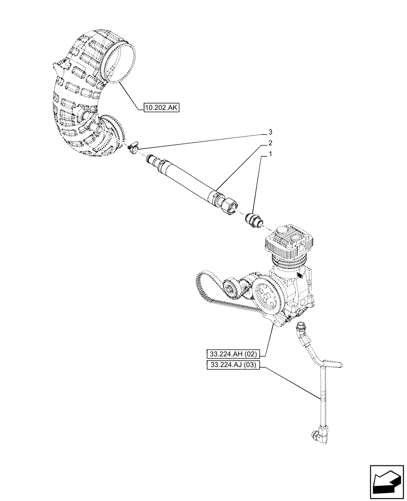 Схема запчастей Case IH PUMA 200 CVT - (33.224.AJ[02]) - VAR - 758038, 758039, 758041, 758042, 758043, 758044 - TRAILER, BRAKE, COMPRESSOR, DRAIN LINE (33) - BRAKES & CONTROLS