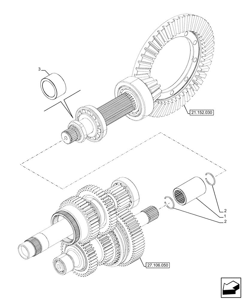 Схема запчастей Case IH FARMALL 120U - (21.152.050) - VAR - 334775, 390430 - TRANSMISSION, SEMI-POWERSHIFT, INTERNAL, COMPONENTS, GEAR, REDUCTION (21) - TRANSMISSION