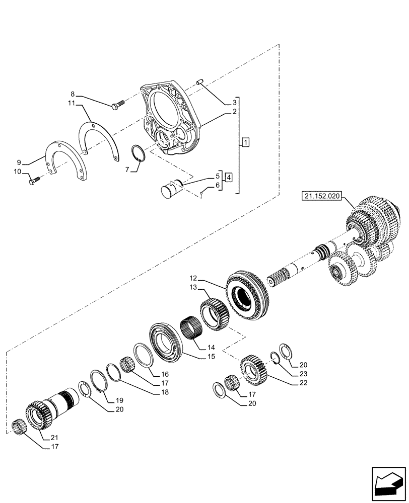 Схема запчастей Case IH FARMALL 120U - (21.152.070) - VAR - 334114, 334117, 334775, 334779, 334780, 390430 - TRANSMISSION, SEMI-POWERSHIFT, INTERNAL, COMPONENTS, REVERSER (21) - TRANSMISSION