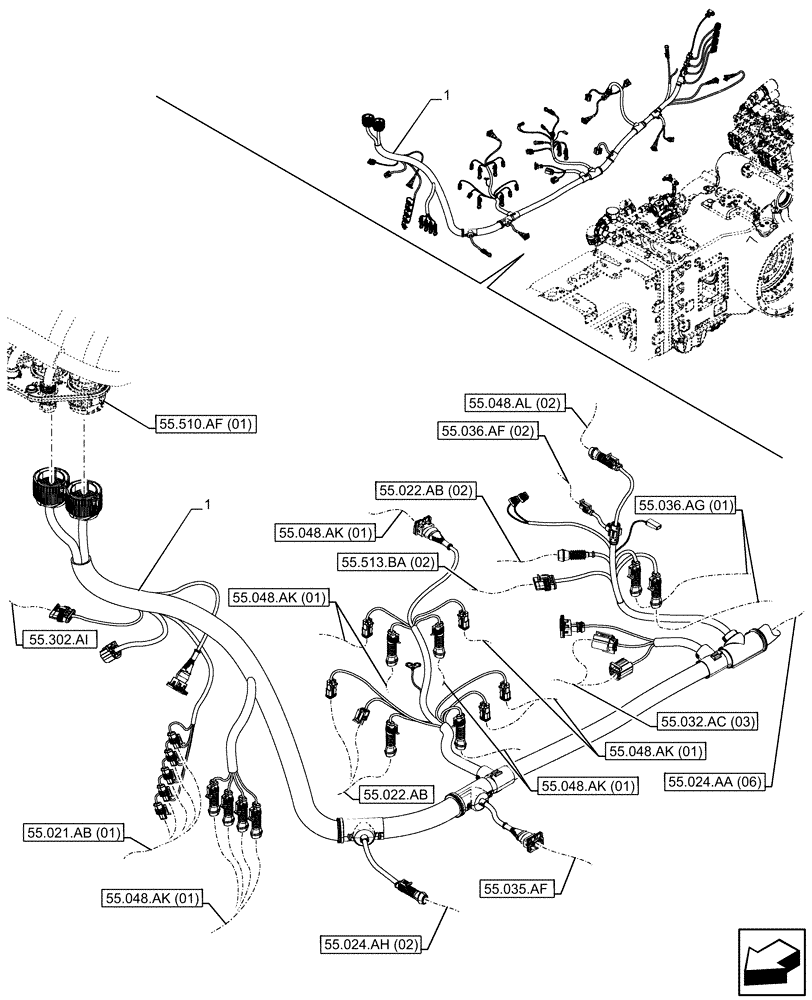 Схема запчастей Case IH PUMA 150 - (55.024.AA[05]) - VAR - 391160 - TRANSMISSION, HARNESS, PWS, W 110 L/MIN CHARGE PUMP (55) - ELECTRICAL SYSTEMS