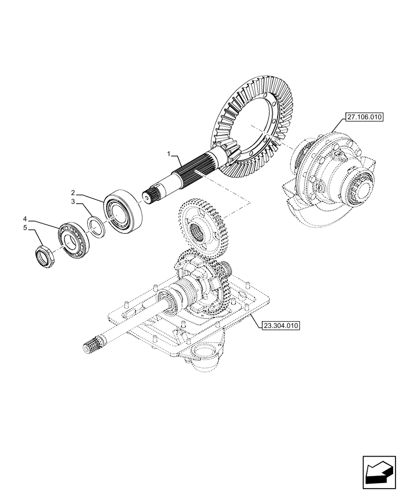 Схема запчастей Case IH FARMALL 120U - (27.106.050) - VAR - 334114, 334117, 334775, 334779, 334780, 390430 - DIFFERENTIAL GEAR, BEVEL PINION (27) - REAR AXLE SYSTEM