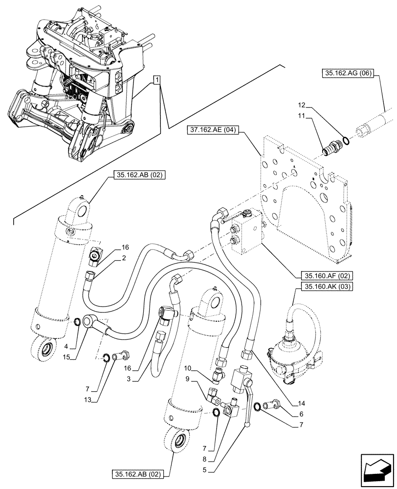 Схема запчастей Case IH PUMA 200 CVT - (35.162.AG[02]) - VAR - 758091, 758245 - 3 POINT HITCH, FRONT, W/ PTO, W/O COUPLING, CYLINDER, LINE (35) - HYDRAULIC SYSTEMS