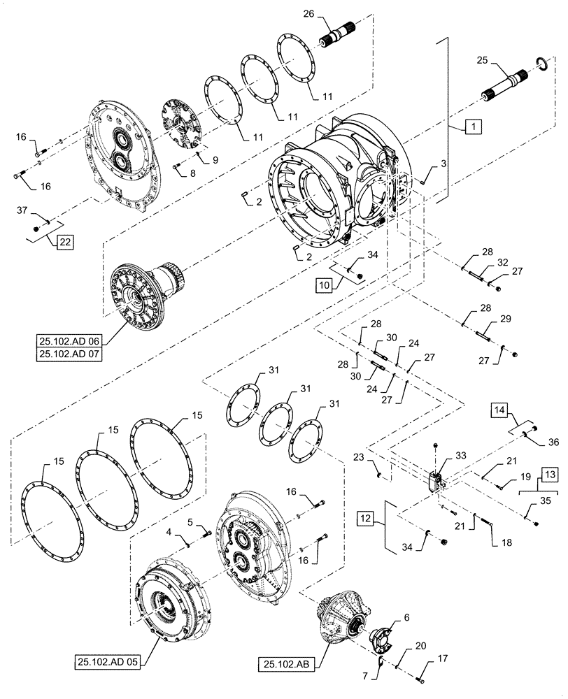 Схема запчастей Case IH QUADTRAC 500 - (25.102.AD[01]) - FRONT AXLE CARRIER. 450, 470, 500, 540, BEFORE AXLE SN AJB0298120 (25) - FRONT AXLE SYSTEM