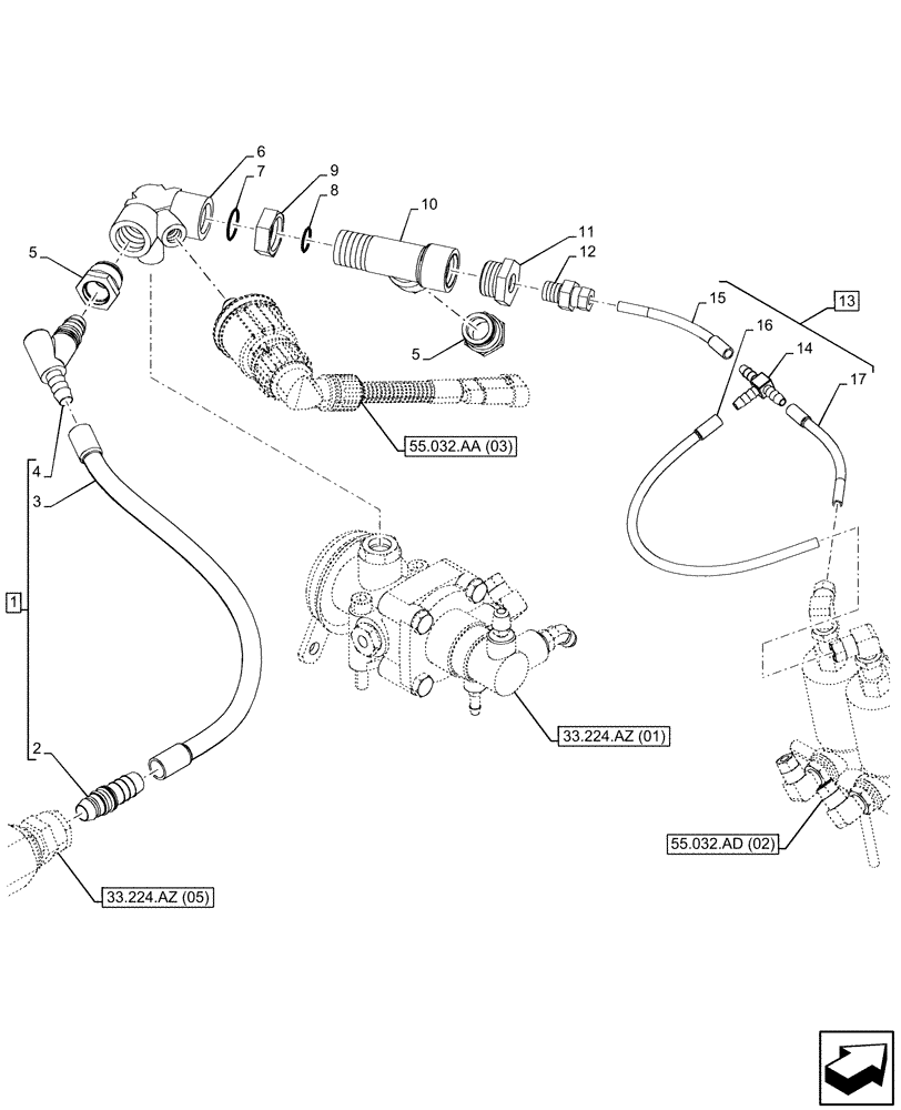 Схема запчастей Case IH PUMA 165 - (33.224.AZ[03]) - VAR - 758038, 758039, 758043, 758044 - PNEUMATIC TRAILER BRAKE, PIPE (33) - BRAKES & CONTROLS