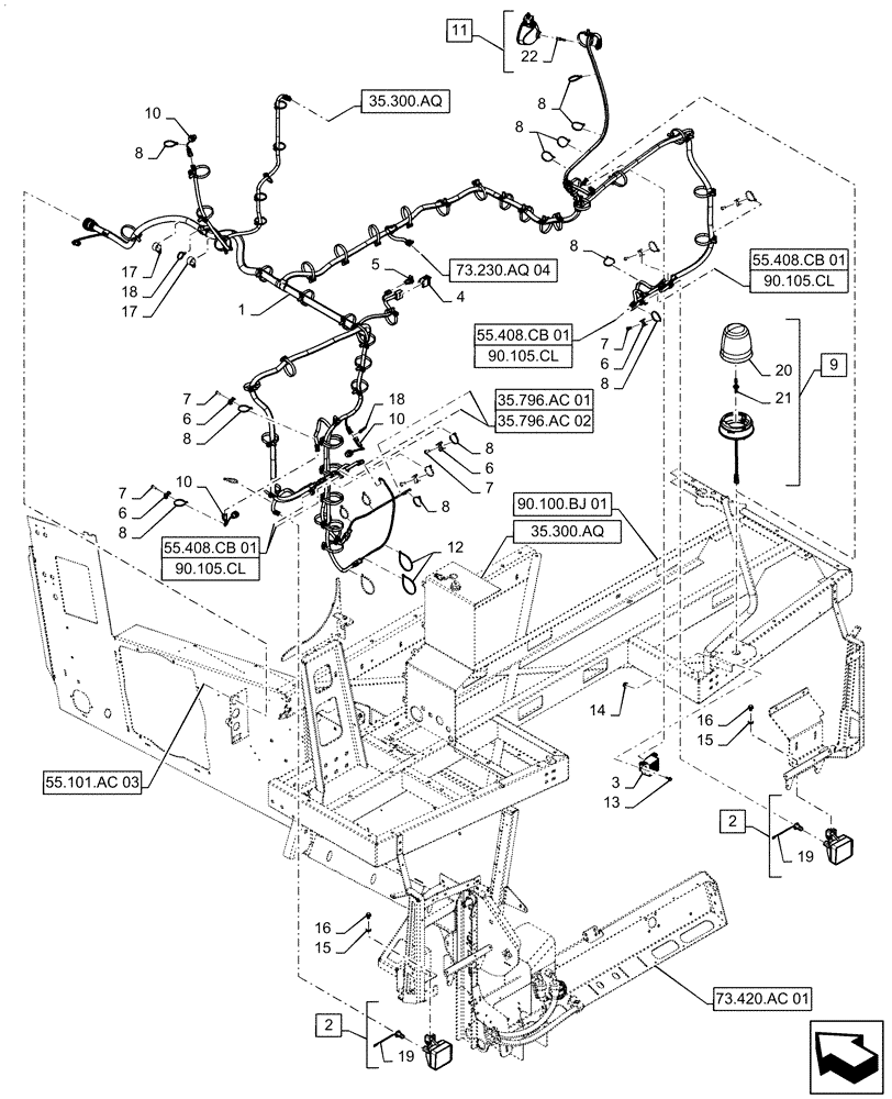 Схема запчастей Case IH 9240 - (55.101.AC[08]) - STRAW HOOD, WIRE HARNESS, REAR (55) - ELECTRICAL SYSTEMS