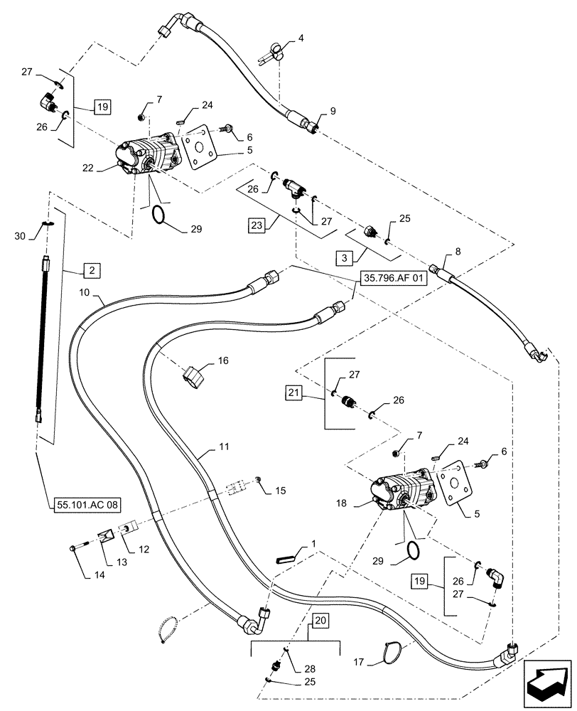 Схема запчастей Case IH 7240 - (35.796.AC[02]) - VAR - 425339, 425340, 425543, 425560, 425561 - HYDRAULIC SYSTEM, CHAFF SPREADER (35) - HYDRAULIC SYSTEMS