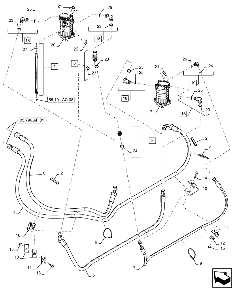 Схема запчастей Case IH 9240 - (35.796.AC[01]) - VAR - 425488 - HYDRAULIC SYSTEM, CHAFF SPREADER, HORIZONTAL (35) - HYDRAULIC SYSTEMS