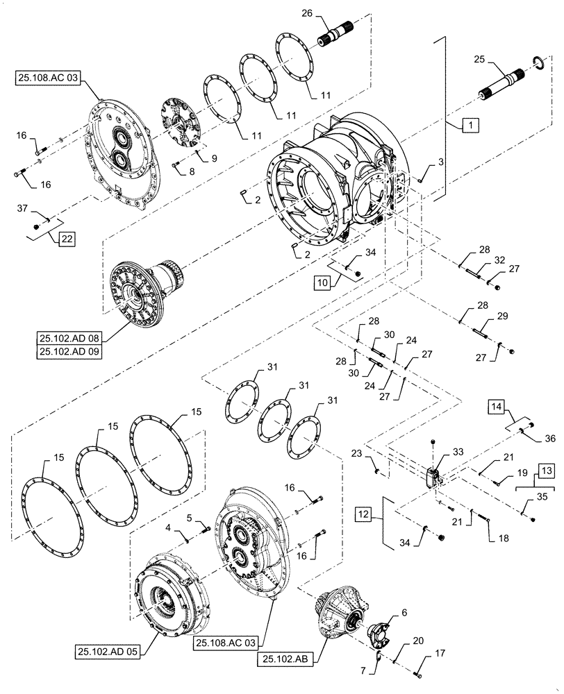 Схема запчастей Case IH QUADTRAC 620 - (25.102.AD[03]) - FRONT AXLE CARRIER. 550, 580, 600, 620, BEFORE AXLE SN AJB0298206 (25) - FRONT AXLE SYSTEM