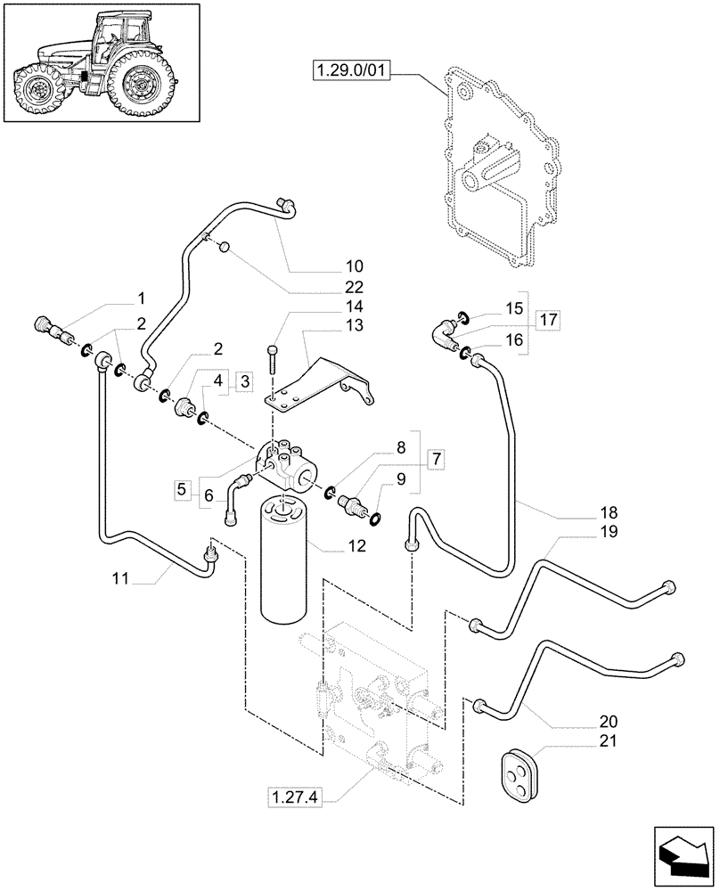 Схема запчастей Case IH MAXXUM 100 - (1.29.6/02[01A]) - 63 L/MIN FIXED DISPLACEMENT PUMP FOR EDC AND 24X24 - PIPES AND FILTER - D6741 (VAR.330824) (03) - TRANSMISSION