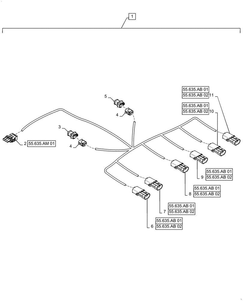 Схема запчастей Case IH PATRIOT 2250 - (55.635.AM[04]) - AIM COMMAND, 80, 5 & 6 SECTION, OUTER / BREAKAWAY, HARNESS, 6 NOZZLE (55) - ELECTRICAL SYSTEMS