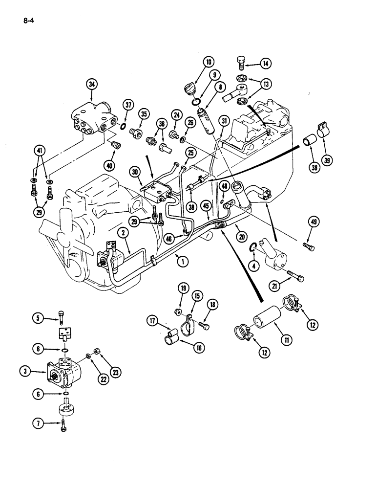 Схема запчастей Case IH 245 - (8-04) - HYDRAULIC PUMP AND LINES, CONSTANT MESH MECHANICAL TRANSMISSION, POWER STEERING (08) - HYDRAULICS